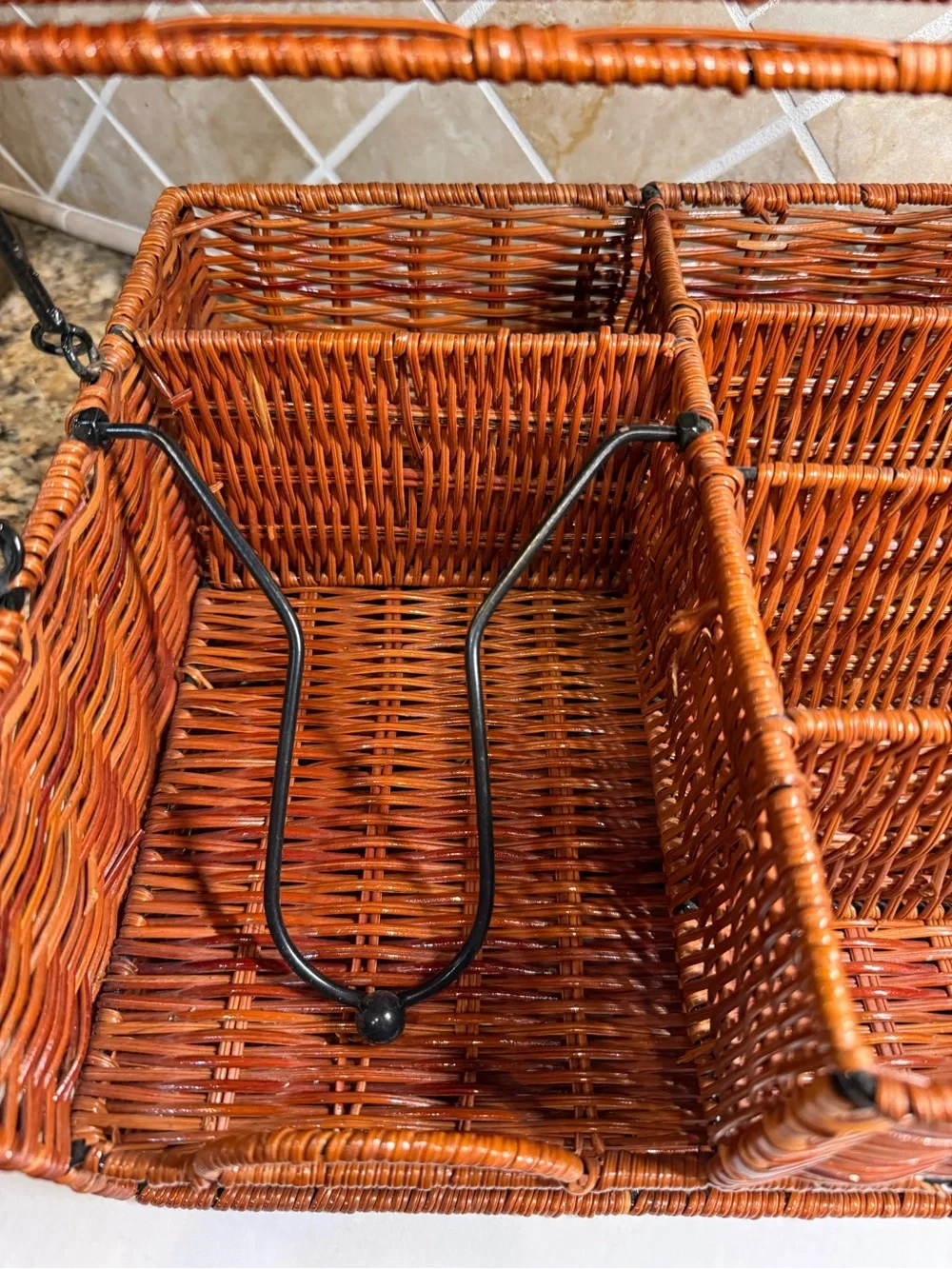 Wicker Basket Caddy / Organizer for Picnic or Tabletop with 7 Compartments